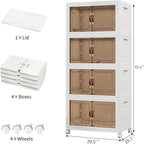 Storage Bins with Lids and Wheels, 660QT-165QT*4Tier Collapsible Bathroom Storage Cabinet with Clear Doors, Plastic Stackable Closet Organizers and Containers White
