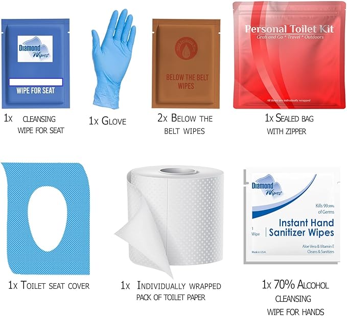 pH Advantage 3 x Personal Toilet Kit | Public Restroom Kit | Toilet Paper, Toilet Seat Cover, Butt Wipes, Cleansing Wipes (Gold/Red/Purple)