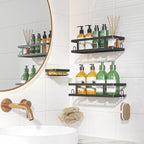 Youvip Adhesive Shower Caddy,Shower Shelves with Soap Holder and 12 Hooks,Rustproof No Drilling Bathroom Organizer and Storage,Black,3 Pack