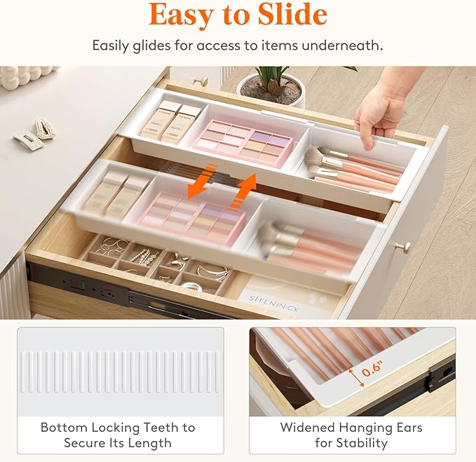 Lifewit 2 Pack Sliding Makeup Drawer Organizer Trays with Inserts, Extendable Hanging Desk Drawer Divider, Fits 13-20" Deep Drawers, 1.8" High Plastic Organizer Tray for Vanity, Office, Kitchen, White