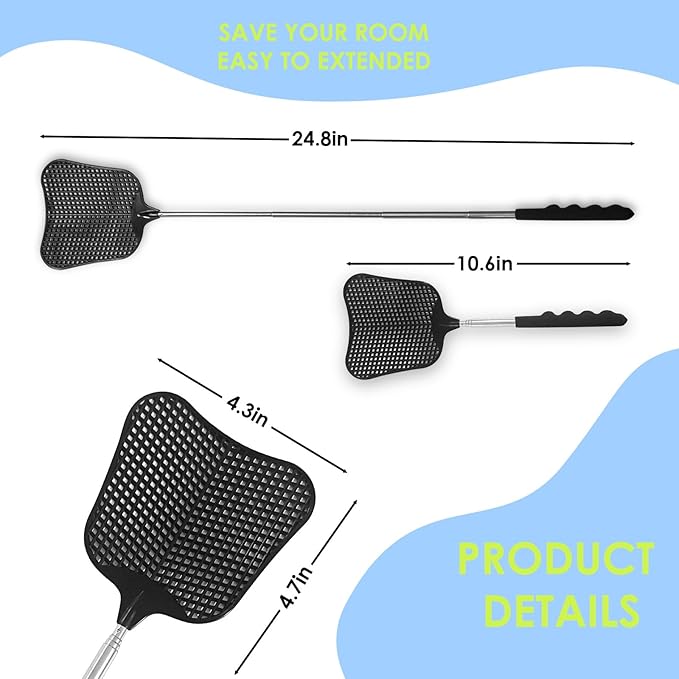 Wapodeai 3 pcs Fly Swatter, Fly Swatters Plastic Telescopic, Large Bug Swatter That Work for Indoor and Outdoor. (3 Black)