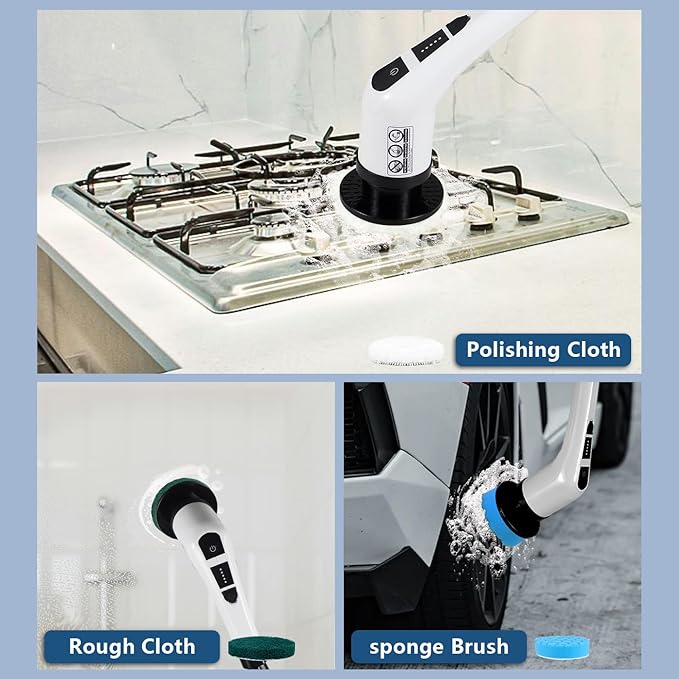 NEWONE Electric Spin Scrubber, Cordless Cleaning Brush with 7 Replaceable Brush Heads, 2 Adjustable Speeds, White