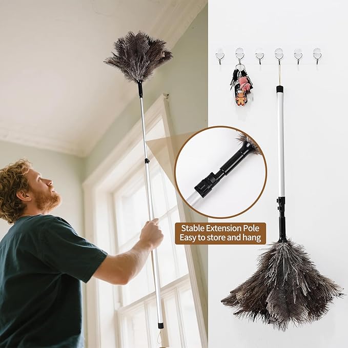 Extendable Ostrich Feather Duster up to 25-49 inches Fluffy Feathers Long Handle Reusable for Cleaning Ceiling Fan Pendant lamp Feather Duster 1pcs