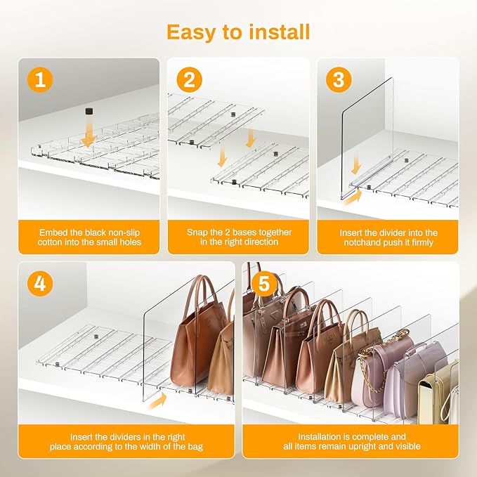 Purse Organizer for Closet Organizers and Storage, Adjustable Clear Shelf Dividers for Purse Organizer for Closet, Closet Shelf Organizer Suitable for Bookshelf Dividers, Bedroom, Offices(4 Set-Small)