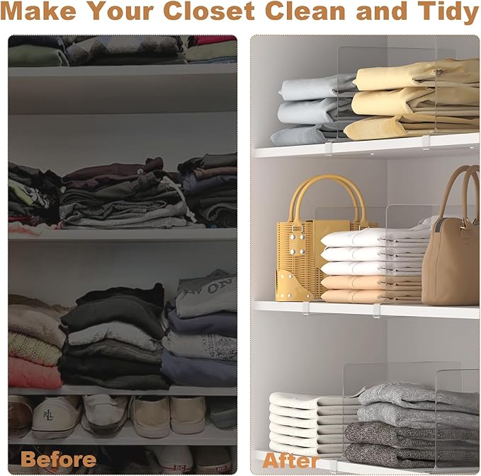 Clear Shelf Dividers for Closet Organization, Pack of 6, Acrylic Closet Shelf Divider, Purse Organizer, Handbag Organizer, Fits Clothes Bag Towel, for Bedroom Kitchen Bookshelf