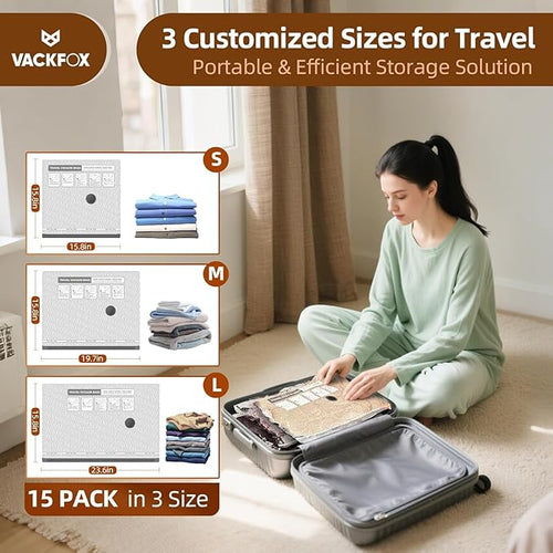 15 Pack Vacuum Compression Bags for Travel, Carry-on Size Seal Packing Cubes for Luggage,Vacuum Storage Bags, Space Saver for Clothes 80% for Travel & Home(No pump)