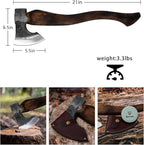 Camping Axe - 21 inches Chopping Axe for Wood Splitting and Kindling, 1055 High Carbon Steel and Beech Wooden Handle, with Leather Sheath - Head 1.5 lbs