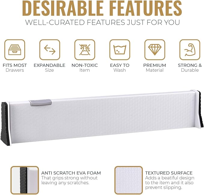 RAPTUROUS Adjustable Drawer Dividers, 2.5" Tall, Expandable 13-22", 8-Pack, Non-Slip for Dresser, Closet, Kitchen, Nursery, and Office (White)