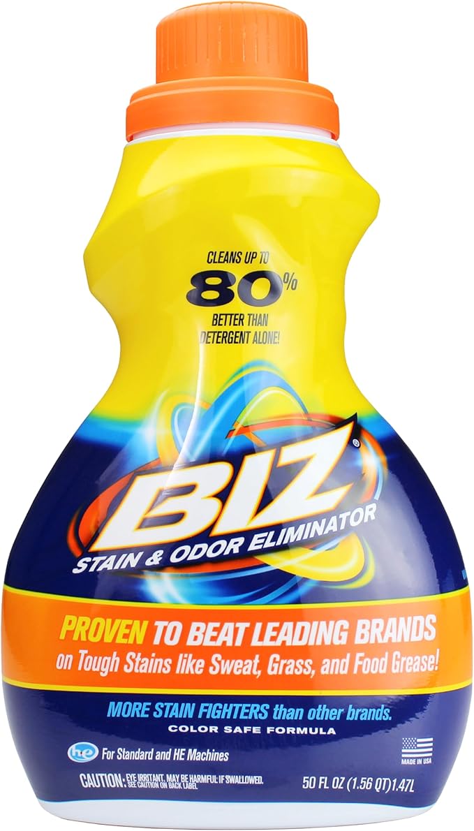 Biz Detergent Stain and Odor Eliminator, 50 oz Liquid Laundry Booster – Powerful Stain Remover for Clothes, Activewear, and Household Fabrics