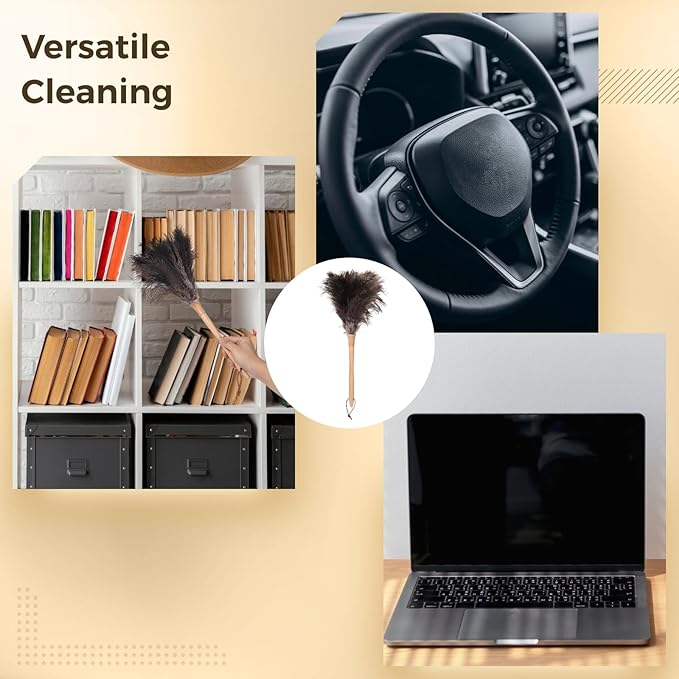 5 Pcs Bird Feather Dusters, Fluffy Feathers with Wooden Handle, Washable & Reusable Cleaning Supplies, Natural Non-Static Dusting for Home, Office, Car, 17.3" Long