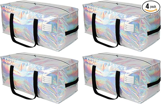 JCBZAMZ 4 Pack Heavy Duty Moving Bags Extra Large Waterproof Foldable Clothing Storage Totes Bags with Zipper,Reinforced Handles,Packing Moving Boxes for Dorm & Seasonal Storage,Iridescent