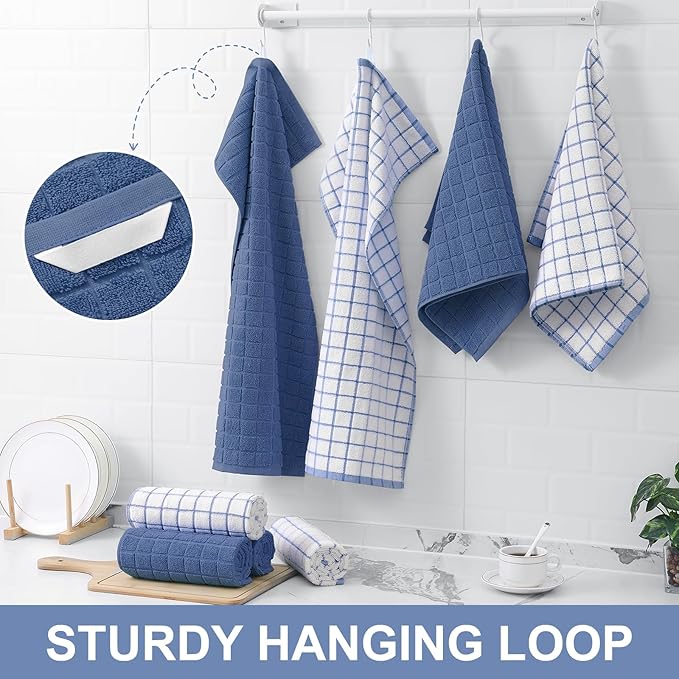 Homaxy Premium Cotton kitchen towels 16"x 28", Large Natural Ring Spun 390 GSM Dish Towels, Super Absorbent Terry Kitchen Hand Towels, Soft Tea Towel with Hanging Loop, Navy Blue Check Design, 12 Pack