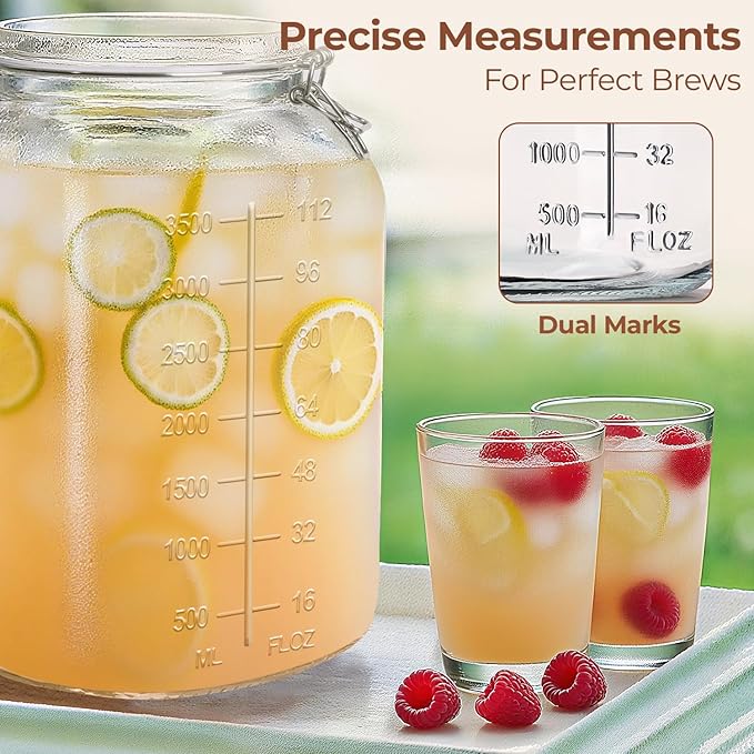 ComSaf 1 Gallon Square Glass Jars with Airtight Lids (135oz, Set of 2), Extra-Wide Mouth Canisters with Measurement Marks for Bulk Flour Storage, Fermenting Kombucha & Pickling