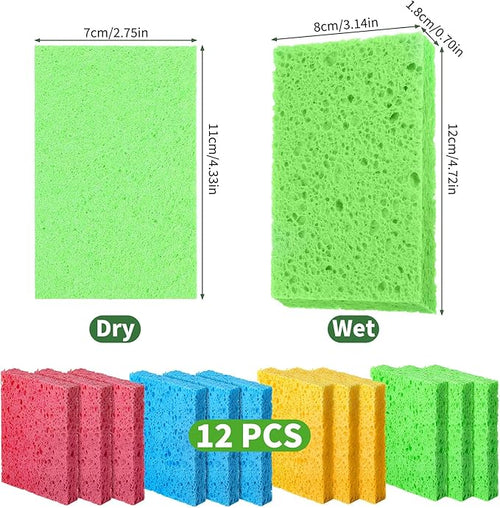12 Pcs 4 Color Compressed Cleaning Sponge Reusable Non Scratch Cleaning Sponge for Kitchen Dish Washing Heavy Duty Scrub Kitchen Sponges for Clean Cookware Bathroom Cars