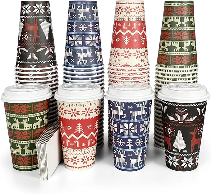 Christmas Disposable Cups 16 oz Paper Cups, 100 Sets Paper Coffee Cups with lids for Coffee/Tea/Water/Juice, Ugly Sweater Paper Cups for Hot & Cold Beverages, Party & Holiday Supply 100pcs