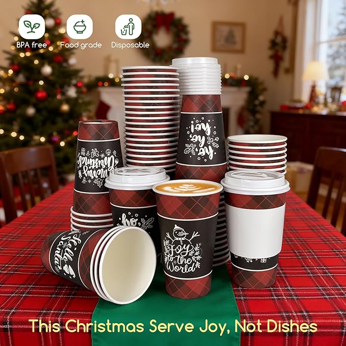 Disposable Coffee Cups with Lids for 24 Guests 16 oz, Christmas Buffalo Plaid Hot Cups for Coffee/Tea/Water/Juice, Xmas Premium Party Tableware Sets for Holiday, Winter, School, Family