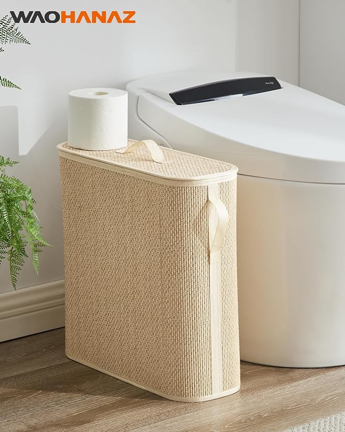 Bamboo Toilet Paper Storage Basket with Lid & Handle - 32L Large Capacity Handwoven Bathroom Organizer for 16 Rolls - Sturdy Stand Holder for Toilet Paper Organization, Light Natural
