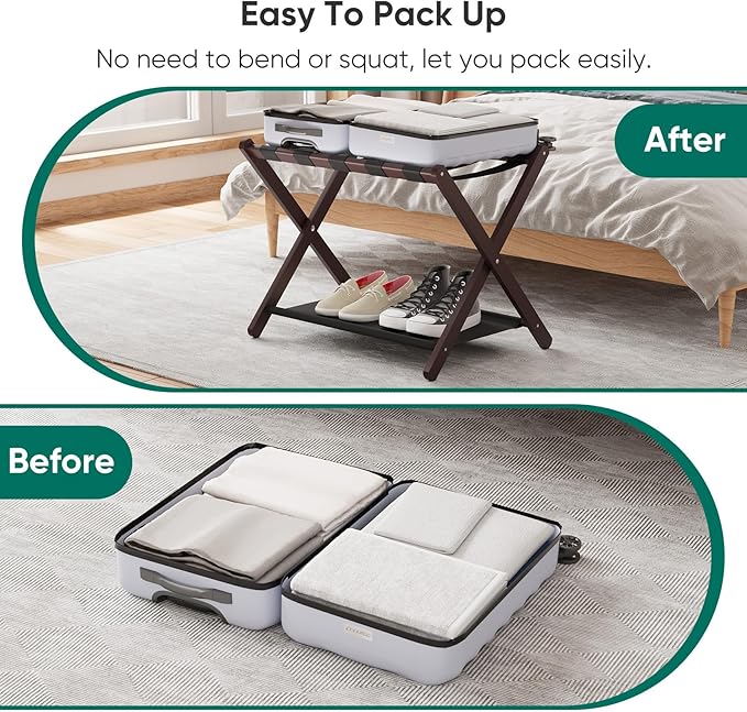 Smuxee Brown Bamboo Luggage Rack for Guest Room, Foldable Suitcase Stand with Storage Shelf, Easily Assembled Luggage Stand with 5 Nylon Straps for Guest Room Bedroom Hotel