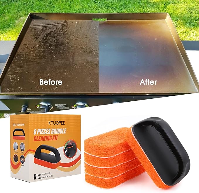 Upgraded 6-Piece Griddle Cleaning Kit for Blackstone, Flat Top Grill Cleaner Non-Scratch Scouring Pads for Kitchen - Heavy-Duty 5 Griddle Scrubber Pads with 1 Handle