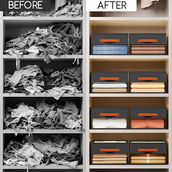 Homsorout Drawer Organizers and Storage - 8 Pack Foldable Pants Organizer with Clear Window & Handles, Fabric Closet Organizer for Clothes, Jeans, Sweaters, Towels, T-shirt, Scarf (Black)