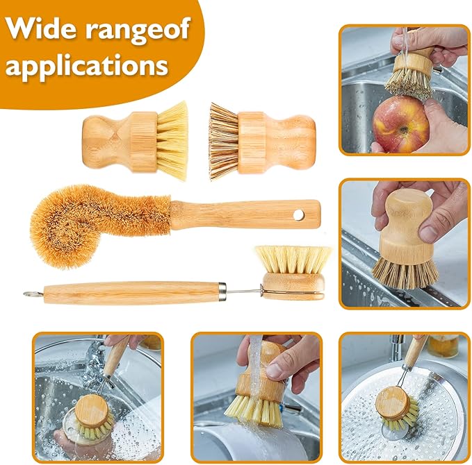 SAMEBUTECO Bamboo Dish Brushes Sets 4 Tools in One Kitchen Clean Dish Scrubber for Pots Pans Bottles with Natural Bristles (Bamboo Brushes Sets)