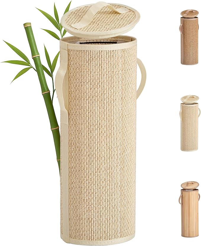 Bamboo Toilet Paper Storage Basket with Lid & Handle - 10L Handwoven Bathroom Organizer for 4 Rolls - Sturdy Stand Holder for Toilet Paper Organization, Light Natural
