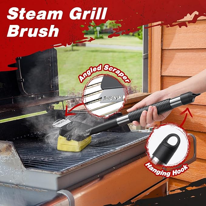 Grill Brush for Outdoor Grill - Bristle Free Grill Cleaner Brush, Steam BBQ Grill Brush with Durable Scraper for Cast Iron or Stainless-Steel Grates, 2 Replaceable Heat-Resistant Heads (Yellow)
