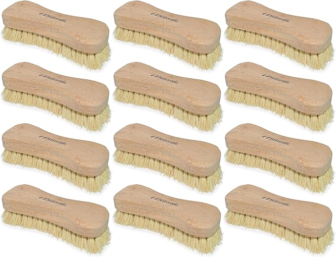All-Natural Wooden Scrub Brush Set | Eco-Friendly Cleaning Brush Set with Tampico Bristles | Floor Scrub Brush & Shower Scrubber for Bathroom, Tub, Kitchen & Carpet | Sustainable Set – Pack of 12