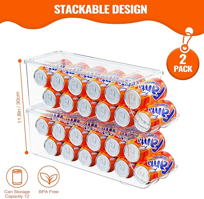 SCAVATA 2 Pack Soda Can Organizer for Refrigerator, Stackable Canned Food Pop Cans Container Can Holder Dispenser with Lid for Fridge Rack Freezer, Clear Storage Bins-Holds 12 Cans Each (Clear)