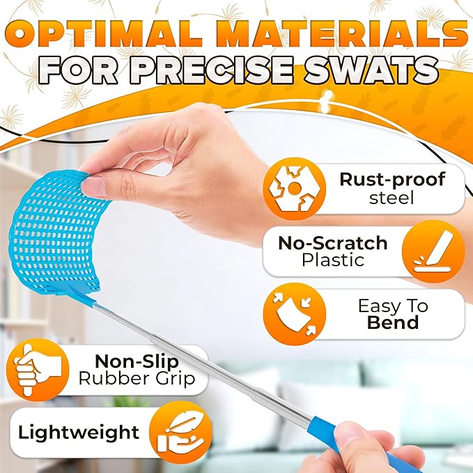 3-Pack Telescopic Fly Swatter Set – Durable and Lightweight Extendable Fly Swatter for Indoors and Outdoors, 3.1 x 3.9 Flexible Head, Non-Slip Ergonomic Rubber Handle, Compact Design for Easy Storage