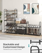 SONGMICS Stackable Shoe Rack, 4 Tier Metal Shoes Rack Storage Shelf, Holds up to 16 Pairs Shoes, Adjustable Slanted Shelves Shoe Tower Organizer for Closet Entryway Small Spaces, Black