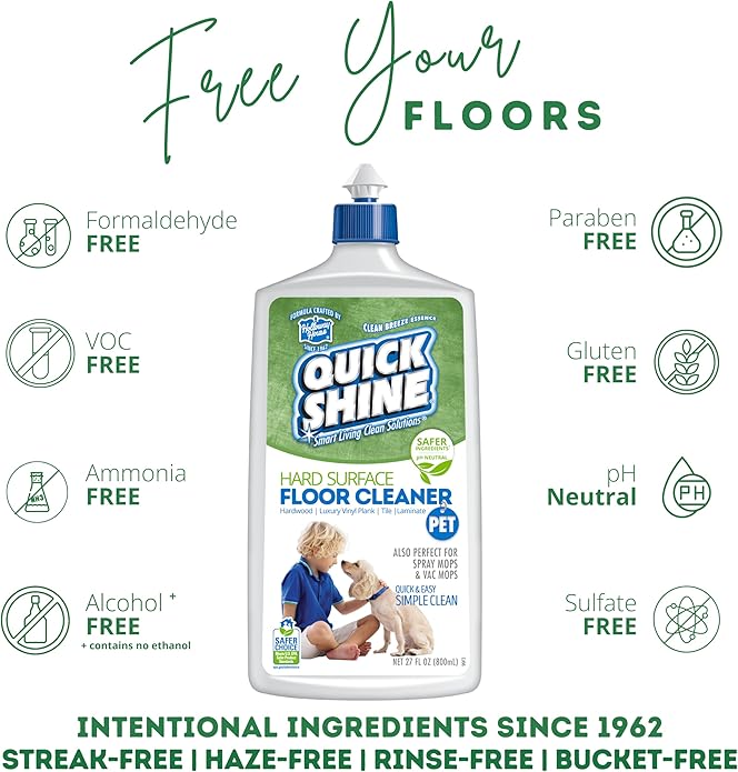 Quick Shine Hard Surface Pet Floor Cleaner 27 oz | Ready to Use, Removes Dirt, Streak Free, No Rinse | Hardwood, Laminate, Luxury Vinyl Plank LVT, & Tile | Safer for Kids, Pets & Our Environment
