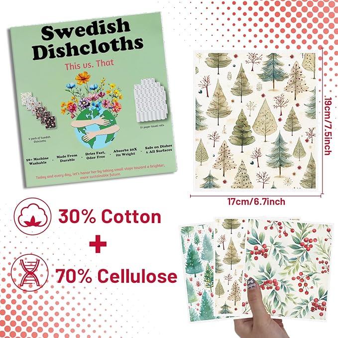 Christmas Swedish Dishcloths for Kitchen - 6PCS Christmas Forest Swedish Cloths for Washing Dishes, Santa Reusable Dish Towels, Pine Tree Washable Cleaning Sponge Gifts for Home Quick Drying