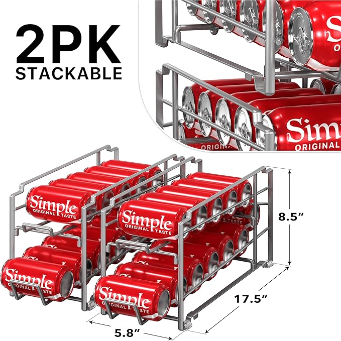 Simple Houseware Stackable Beverage Soda Can Dispenser Organizer Rack, Silver, 2 Pack