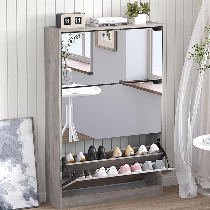 BORNOON Shoe Cabinet with 3-Flip Mirror Drawers, Freestanding Shoe Rack Organizer with Hidden Handle, Slim Narrow Shoe Storage Cabinet for Entryway, Entrance, Hallway, Bedroom