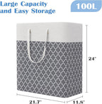 BlissTotes 3-Pack Laundry Basket, Freestanding＆Waterproof Laundry Hamper, Collapsible Tall Clothes Hamper with Easy Carry Handles for Clothes, Towels in the Family and Dorm,Clover Grey,100L