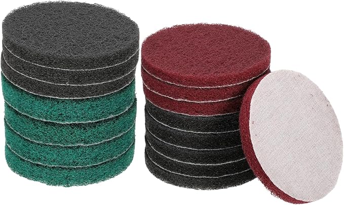 HARFINGTON 4pcs Scrubber Scouring Pads 180 400 800 1200 Grits 4 Inch Drill Power Brush Hoop and Loop Surface Conditioning Disc Drill Scuffing Disc Scrub Pads for Kitchen Cleaning, 4 Colors