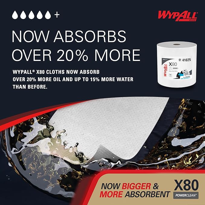 WypAll PowerClean X80 Cloths Heavy Duty Wipes (41025), Jumbo, Extended Use Towels, White (1 Roll of 455 Sheets, 455 Sheet Total)