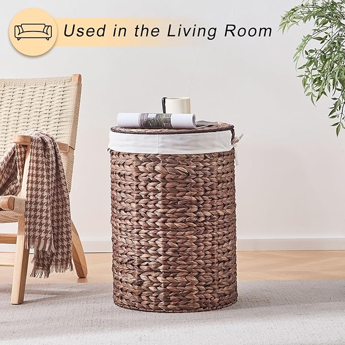 Round Water Hyacinth Laundry Hamper with Lid Handwoven Wicker Basket with Handles for Dirty Clothes, Storage, and Organization Ideal for Bedroom, Bathroom, and Laundry Room, No Assembly Required, 2Pcs