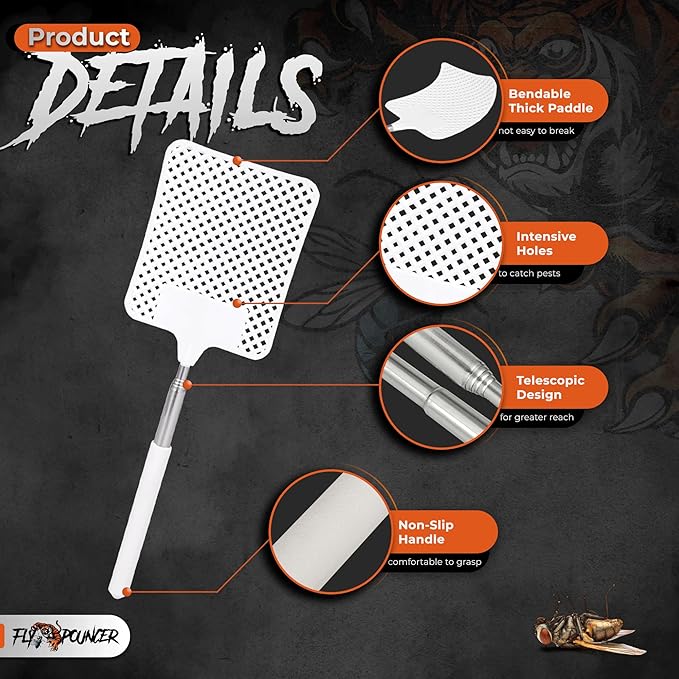 5-Pack Heavy Duty Fly Swatters – Indoor Manual Bug Swatter Set with Long Reach Handle – Stealthy, Durable and Compact Design for Home Use (White)