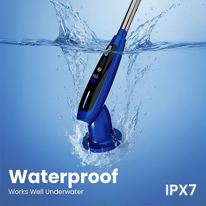 iKLYN Electric Spin Scrubber - Cordless Power with Long Handle, 8 Attachments, LED Display, 2 Speeds for Bathroom Shower Tub Bathtub Floor Cleaning