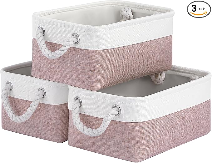 Storage Baskets for Shelves 11.8x7.9x5.2 Inch-Foldable Fabric Organizing Storage Bins with Handles, Closet & Bathroom Organizer, Home Storage for Kitchen, Office (3-Pack, White&Pink)