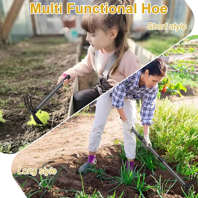 Garden Hoe, 2 in 1 Hand Hoe Garden Tools,60 Inch Long Handle,Garden Hoe and Cultivator for Weeding Cultivating Planting, Small Hand Rake Tiller for Flower Bed Gardening, Loosening Soil