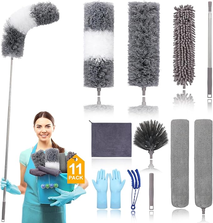 Microfiber Extendable Feather Duster (11pcs) with 100" Extension Pole, Washable Reusable Bendable Dusters for Cleaning Ceiling Fan, High Ceiling, TV, Blinds, Cars