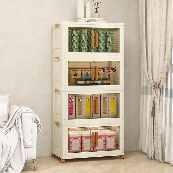 Plastic Stackable Storage Bins with Lids and Wheels, 180QT-45QT*4Tier Foldable Closet Organizers and Containers, Collapsible Clear Drawer Storage Cabinet with Doors Ivory White