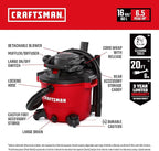 CRAFTSMAN CMXEVBE17607 16 Gallon 6.5 Peak HP Wet Dry Vac with Detachable Leaf Blower, Portable Shop Vacuum Wet and Dry with Filter, Dust Bag, Hose and Attachments for Garage, Outdoor Cleaning