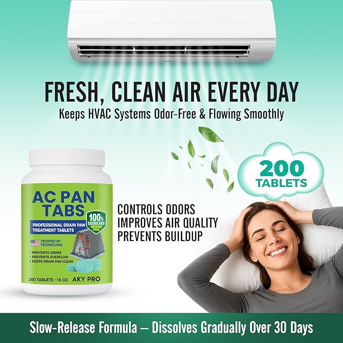 AC PAN TABS – 200 AC Drain Line Cleaner Tablets for HVAC & Air Conditioner Condensate Pan Preventive Maintenance, Water-Soluble, No-Residue & Prevents Overflow