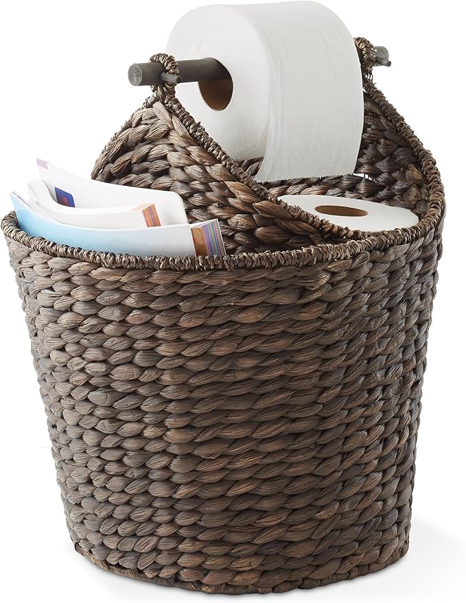 Casafield Toilet Paper Roll Storage Basket with Magazine Holder, Espresso - Woven Water Hyacinth Wicker Bathroom Bin for Bath Tissue and Toiletries