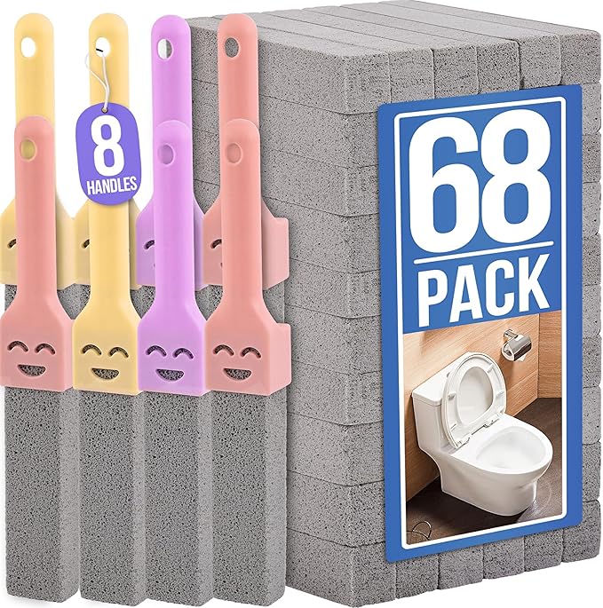 Navona 68 Pack Pumice Stone Scouring Sticks with 8 Universal Handles, Grey Pumice Cleaner for Toilets, Bathrooms & Multi-Surface Hard Water Stain and Limescale Removal