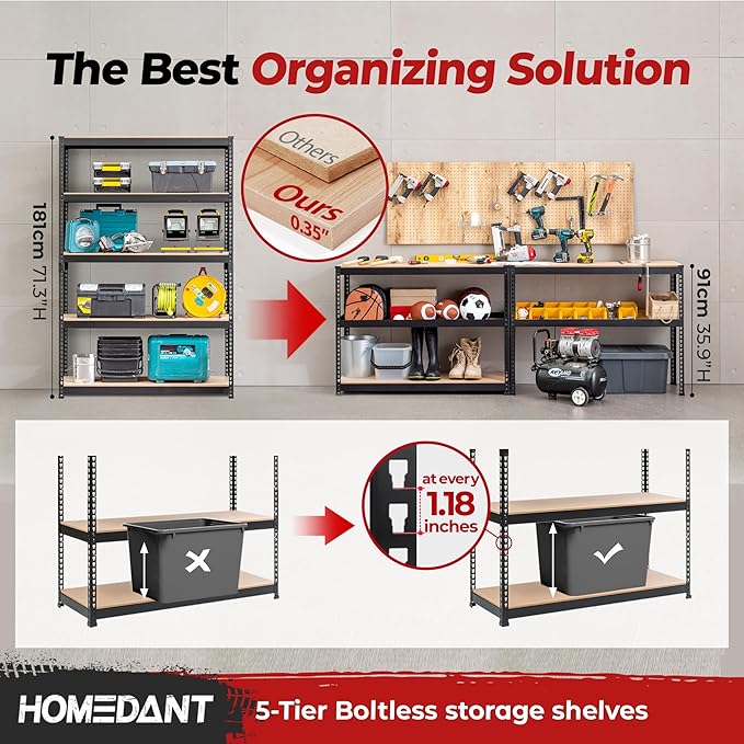 HOMEDANT 47.7" W 5 Tier Heavy Duty Garage Shelving Adjustable Metal Rack Storage Shelves Standing Shelf Unit Organizers Industrial Warehouse Basement Black 2Pack